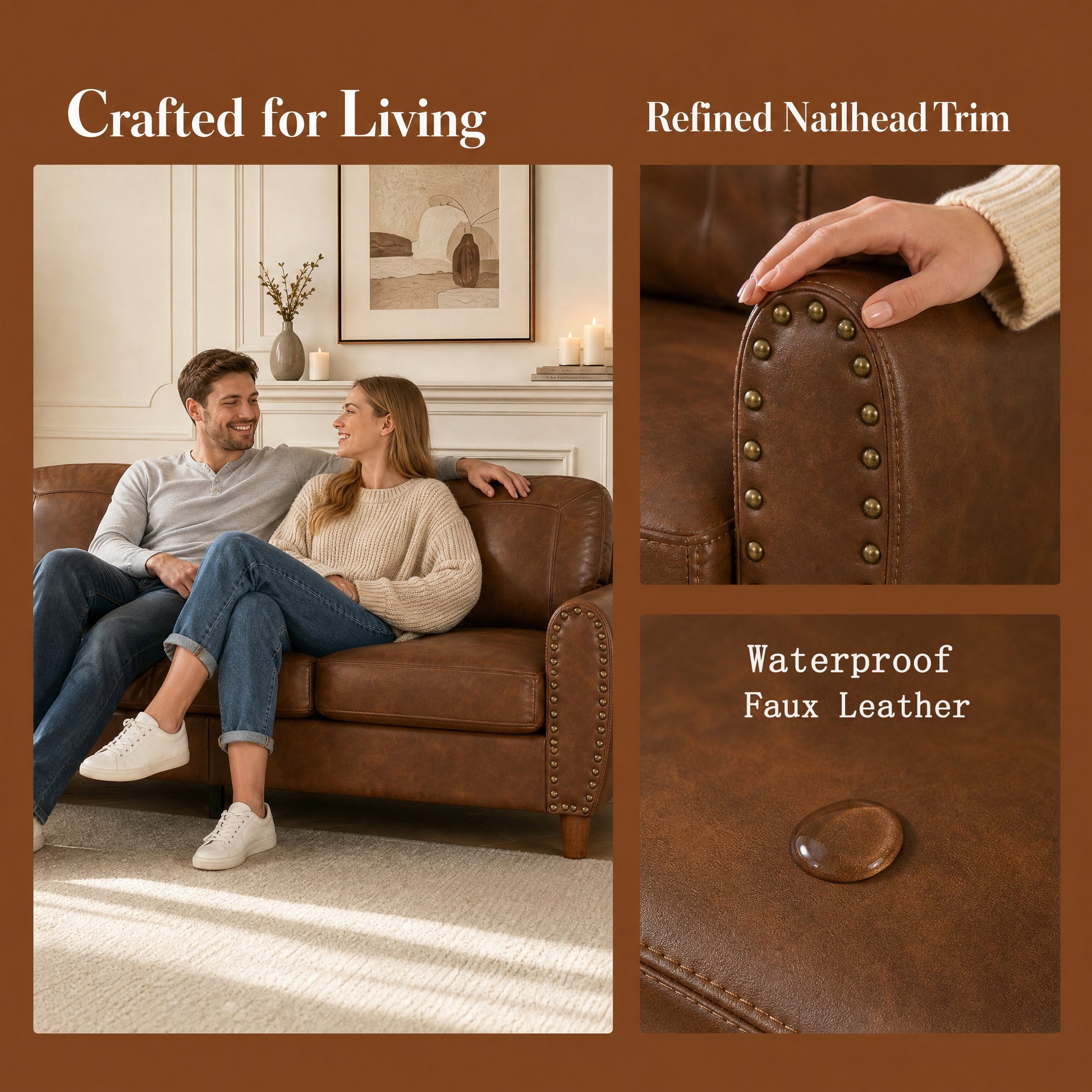 81.5" Classic Living Room Sofa Faux Leather Couch,Rolled Arm Sofa with Nails,Solid Wood Legs,Upholstered Breathable PU Leather Brown. image 9