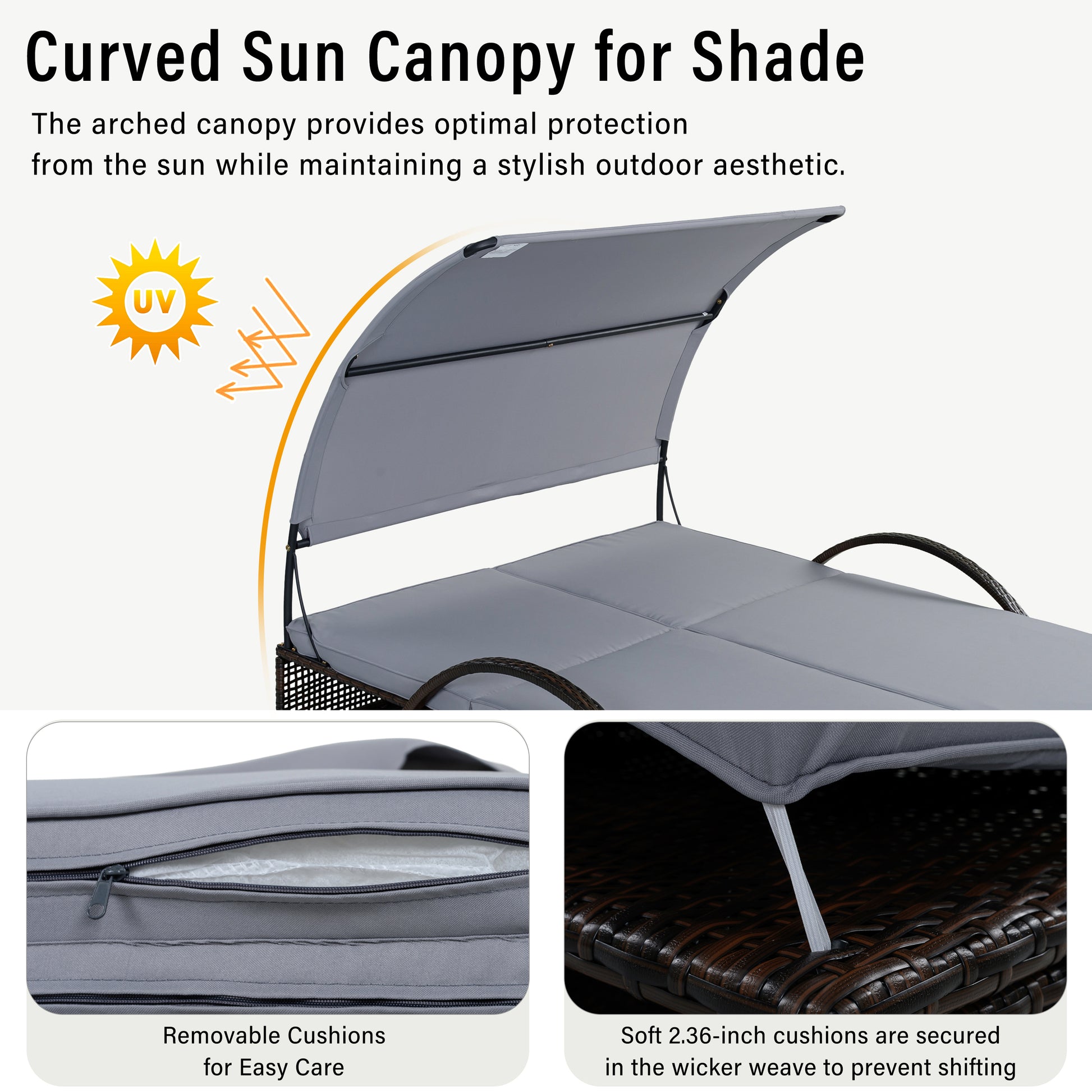 U_STYLE Outdoor Steel Frame Sun Lounger with Adjustable Backrest,Patio Double Sunbed with Hidden Side Table and Arched Armrests,Suitable for Patio Pool Deck,Garden,Backyard image 8