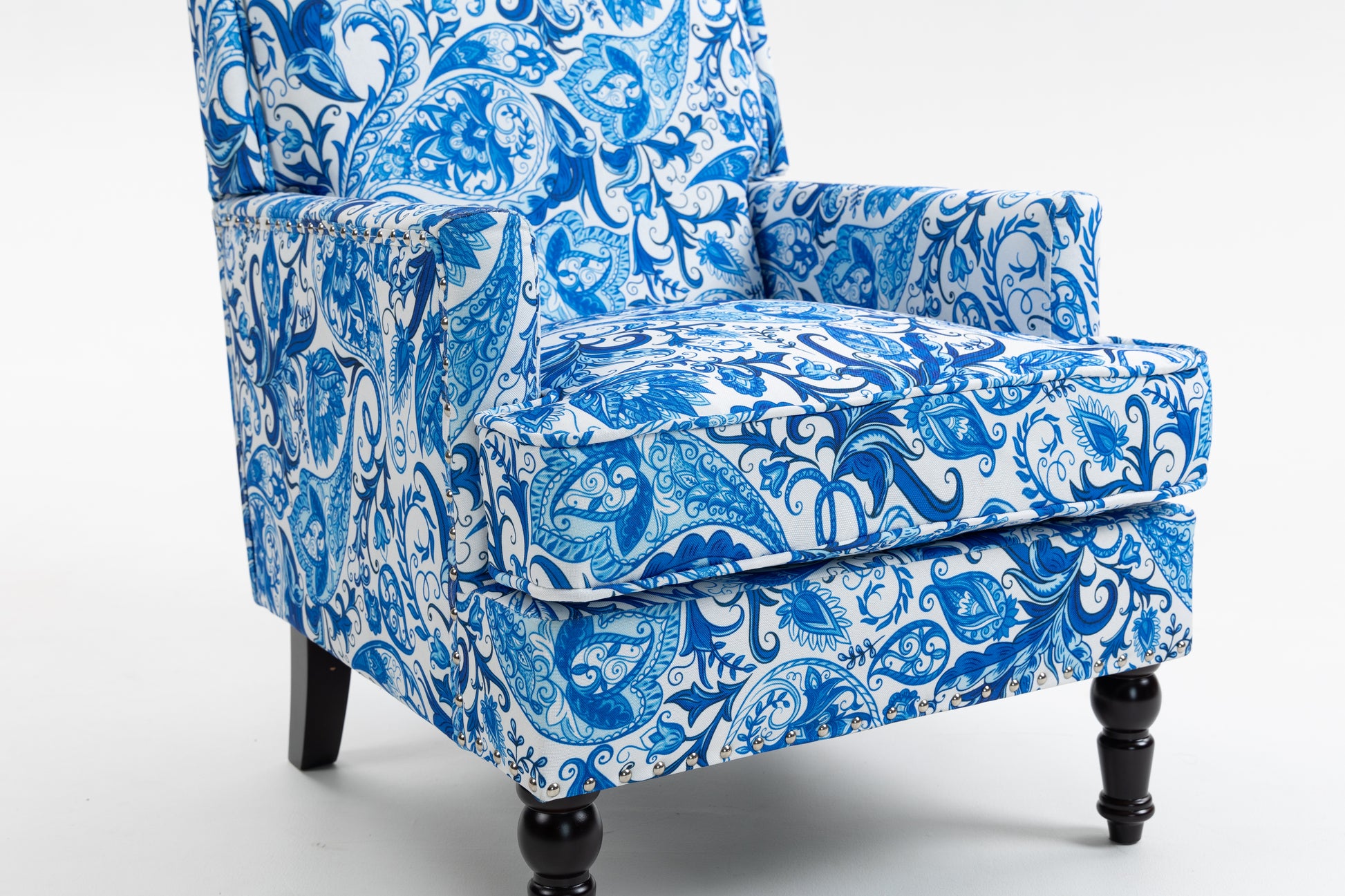 Upholstered Accent Chair, Vintage Armchair with Blue and white porcelain print Linen Fabric and Nailhead Trim for Living Room image 4