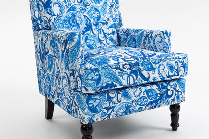 Upholstered Accent Chair, Vintage Armchair with Blue and white porcelain print Linen Fabric and Nailhead Trim for Living Room image 4