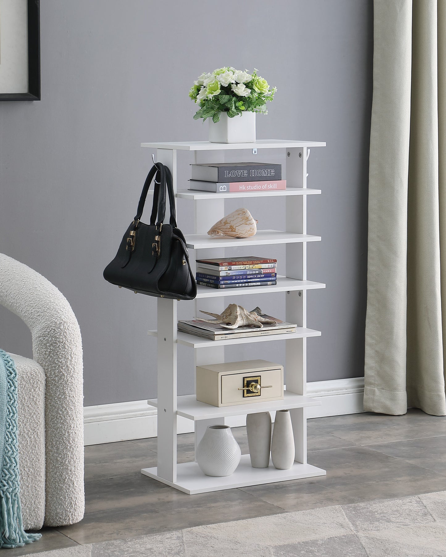 Vertical Shoe Rack,7 Tier Shoe Storage Organizer with Hooks, Entryway Shoe Tower,Vertical Shoe Organizer,Vertical Shoe Organizer,White image 1
