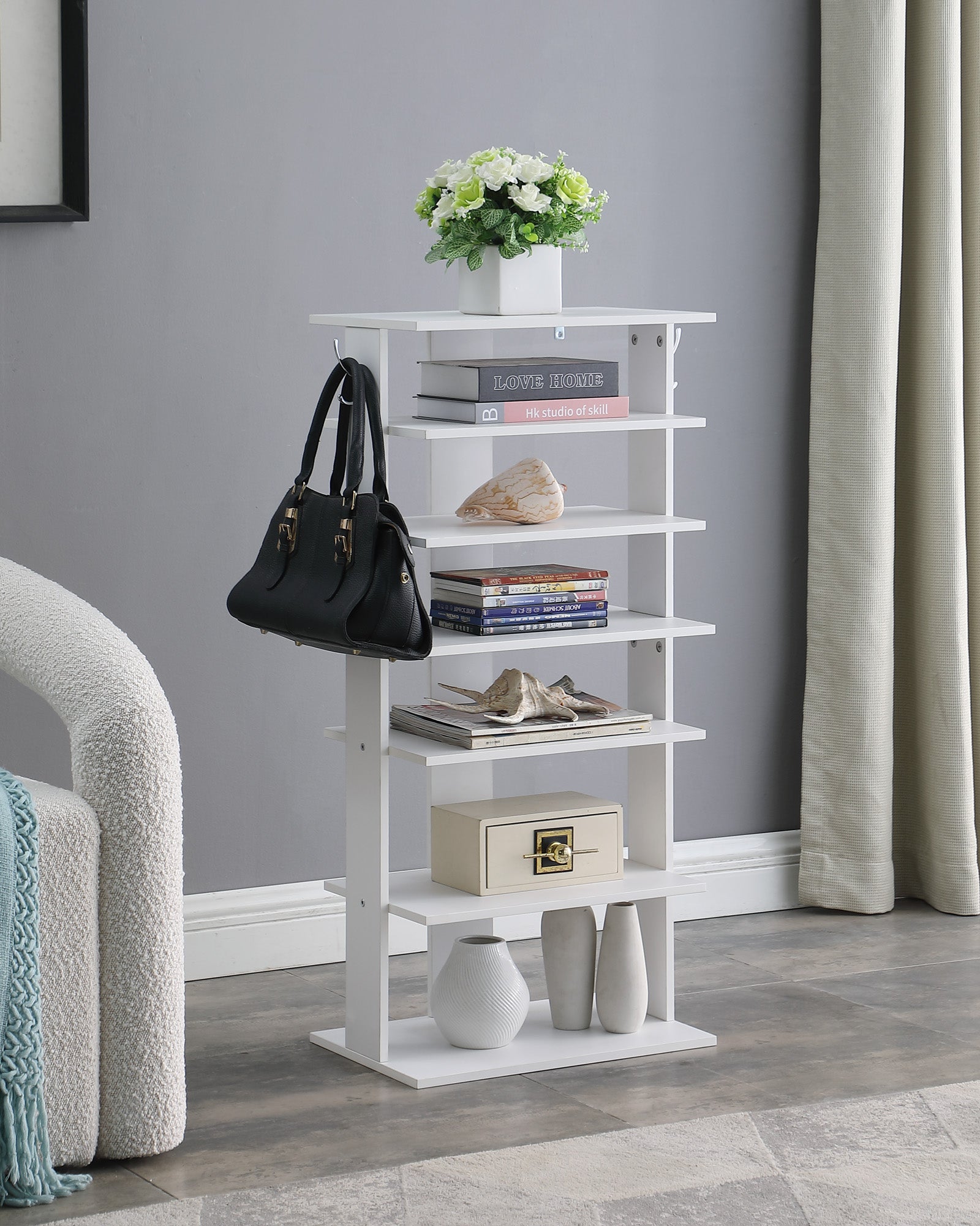 Vertical Shoe Rack,7 Tier Shoe Storage Organizer with Hooks, Entryway Shoe Tower,Vertical Shoe Organizer,Vertical Shoe Organizer,White image 1