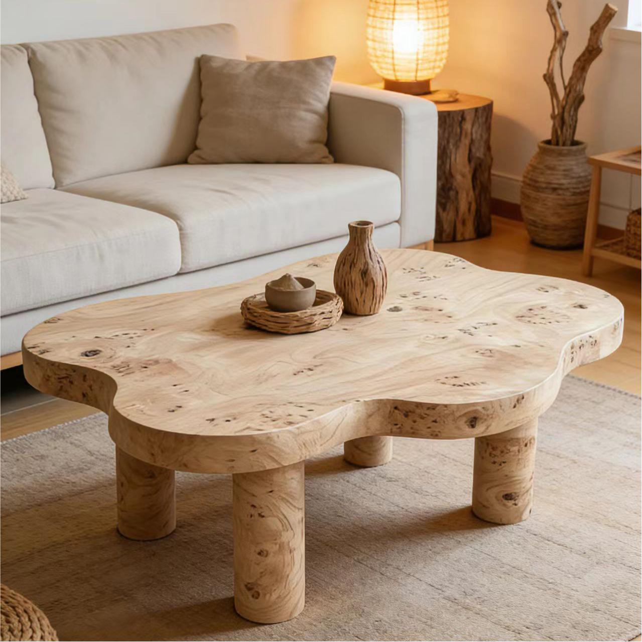 40'' Burl Cloud Coffee Table with 4 Round Legs, Low Profile Modern Coffee Table, Unique Irregular Center Table for Living Room, Apartment, Natural Color image 8