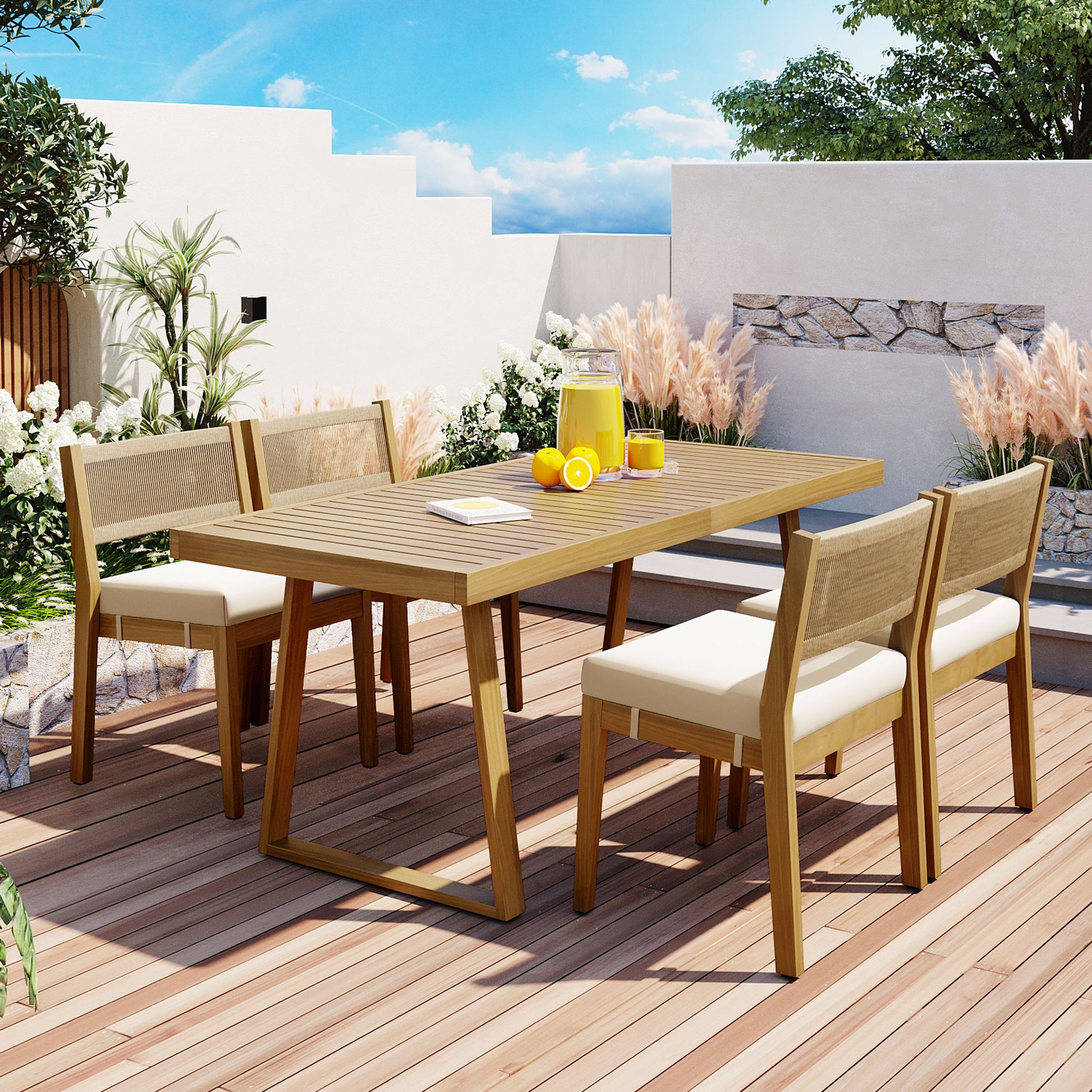 U_Style Multi-person Outdoor Acacia Wood Dining Table and Chair Set, Thick Cushions, Suitable for Balcony, Vourtyard, and Garden. image 1