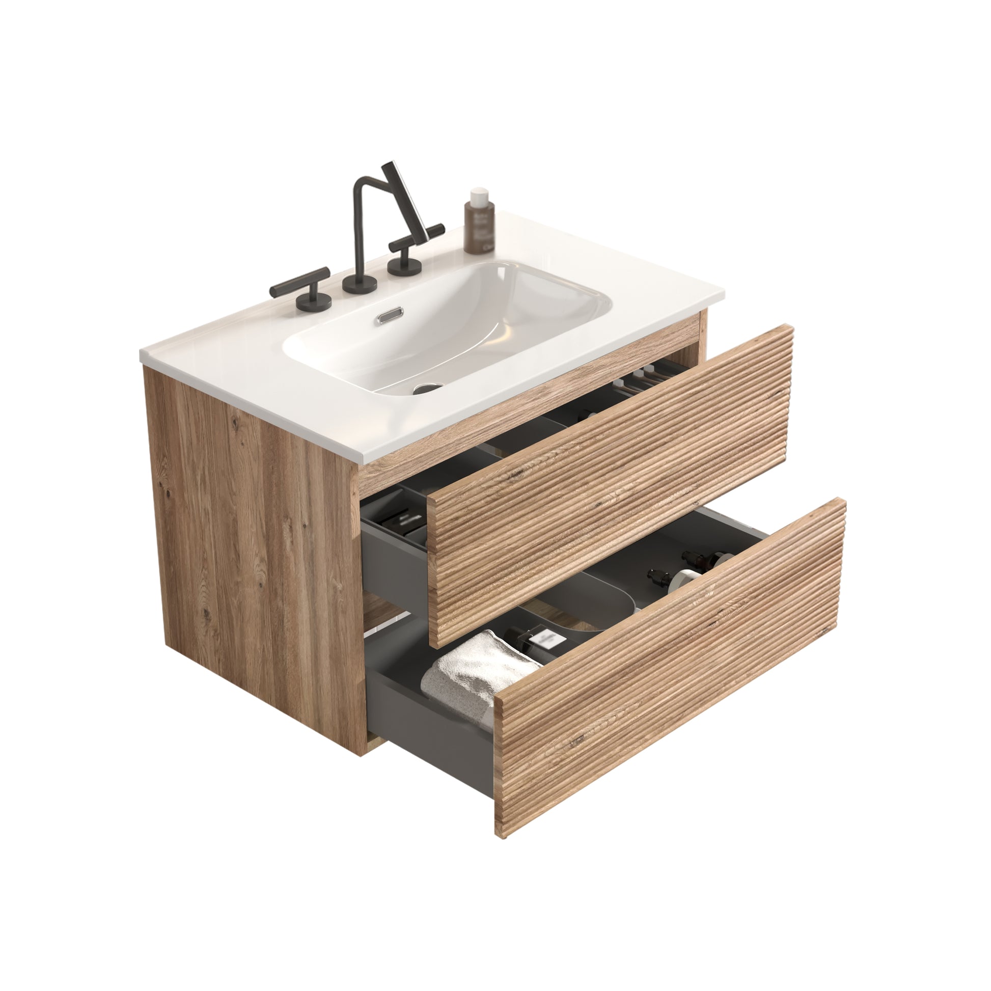 Gloria 30" Wall Mounted Rough Oak&Rough Oak Bathroom Vanity with Integrated Ceramic Sink with Overflow, with 3 holes, Large Storage Floating Bathroom Vanity for Modern Bathroom, KD image 7