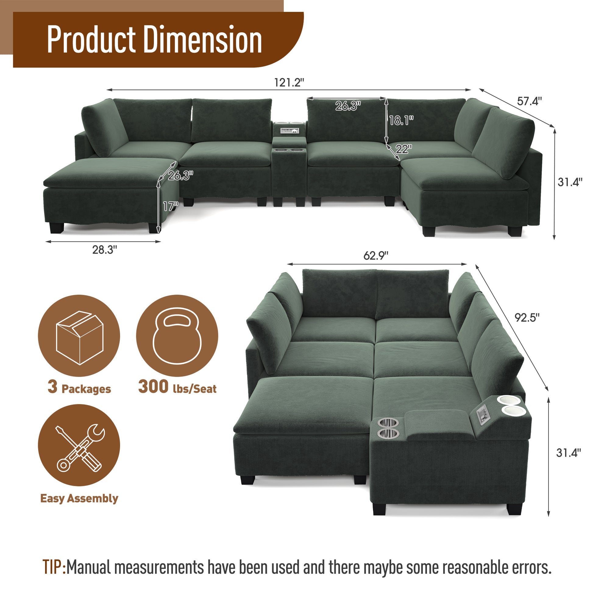 121.2" Modular U-Shaped Cloud Sectional Sofa with Movable Ottoman, Chenille Convertible Sofa Bed with Hidden Storage & USB Ports & Cup Holders & Bluetooth Speaker for Living Room, Apartments, Green image 2