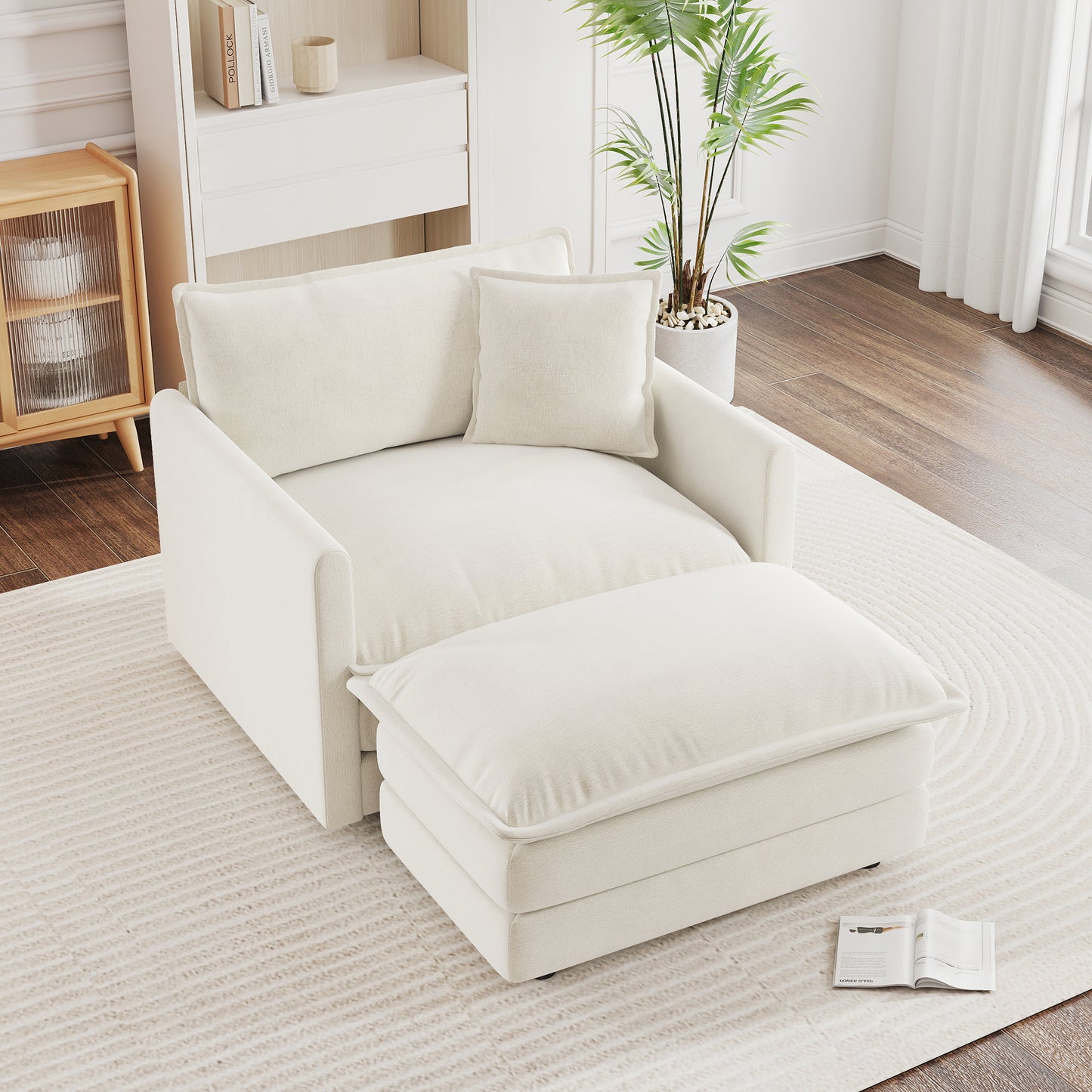 Modern Accent Chair with Ottoman, Living Room Club Chair Chenille Upholstered Armchair, Reading Chair for Bedroom, White image 3