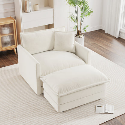 Modern Accent Chair with Ottoman, Living Room Club Chair Chenille Upholstered Armchair, Reading Chair for Bedroom, White image 3