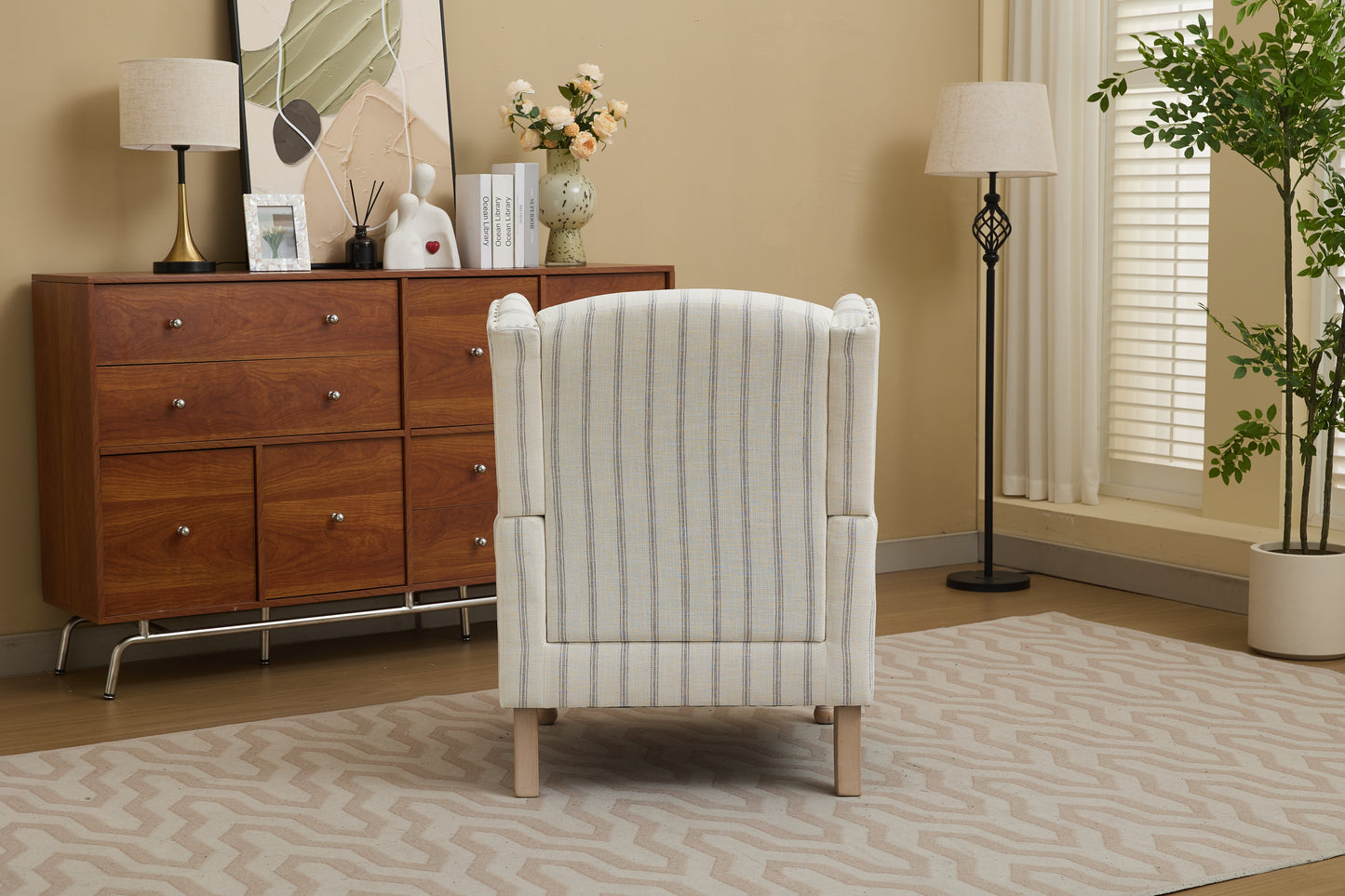 Modern Accent Chair with Retro Wood Legs, Comfy Upholstered Armchair, Floral Design Single Sofa Chair for Living Room Bedroom Office - Stripe image 5