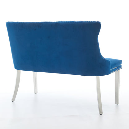 Velvet Double Dining Loveseat Bench, Kitchen & Dining Seating, 2-Seat Tufted Bench w/Handmade Buttons, Wing Back, Brushed Silver Stainless Steel Legs, Mid Century Modern,Single Pack,Blue,SW1702BL image 6