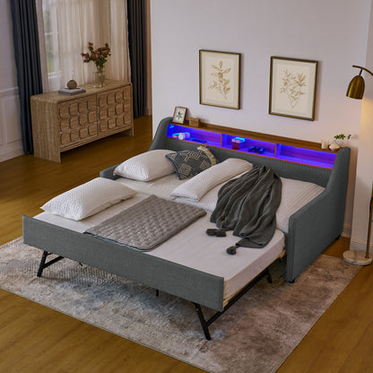 Twin Size Upholstery Sofa Bed with Three LED lights, with Storage Adjustable Headboard, with Foldable Leg Pull up Trundle Bed and Wireless Charging, Linen Padded Sofa Bed frame, Grey image 6