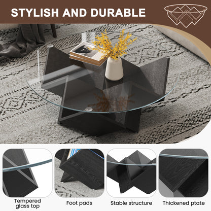The Round Coffee Table with Glass Top and Geometric Abstract Art Deco Base Storage Shelves, Black, 35.4" image 5