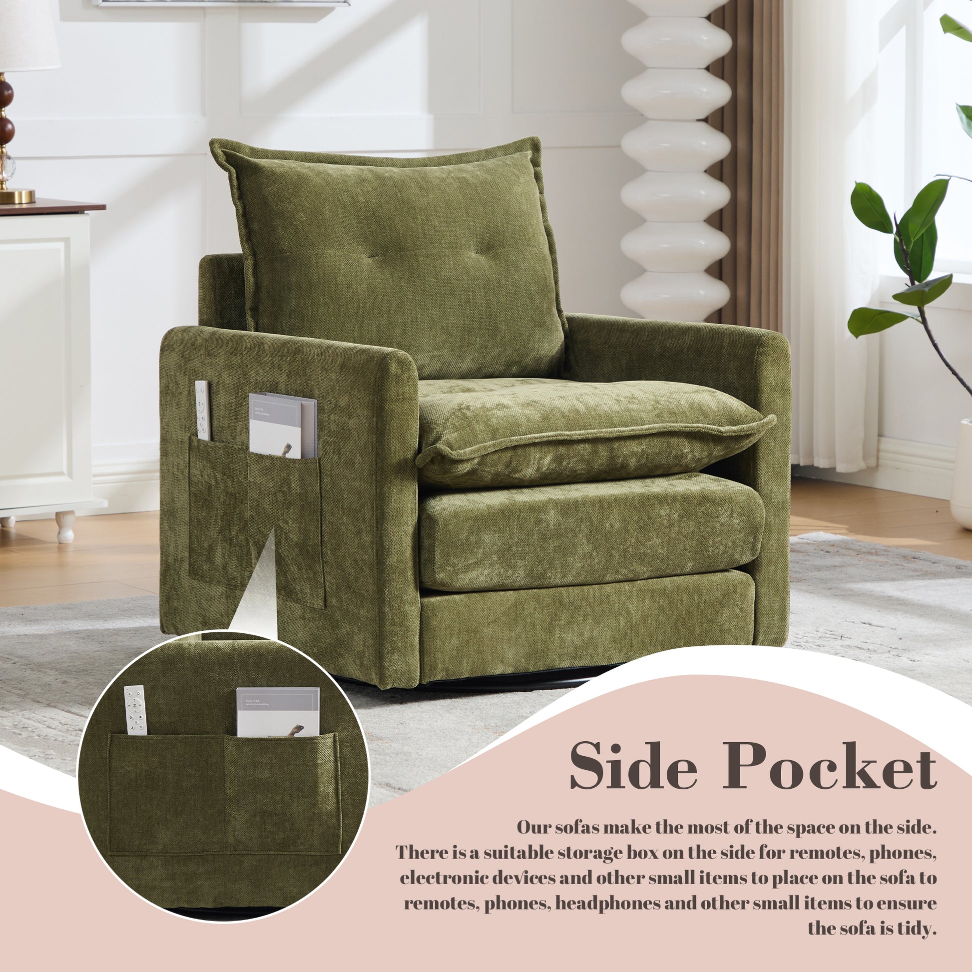 UNITED WE WIN Swivel Barrel Chair - Mid Century Modern Chair, Thick Padded Arm Chair with Solid Metal Base, Comfortable Single Sofa Chair, Swivel Accent Chair for Living Room Bedroom image 5