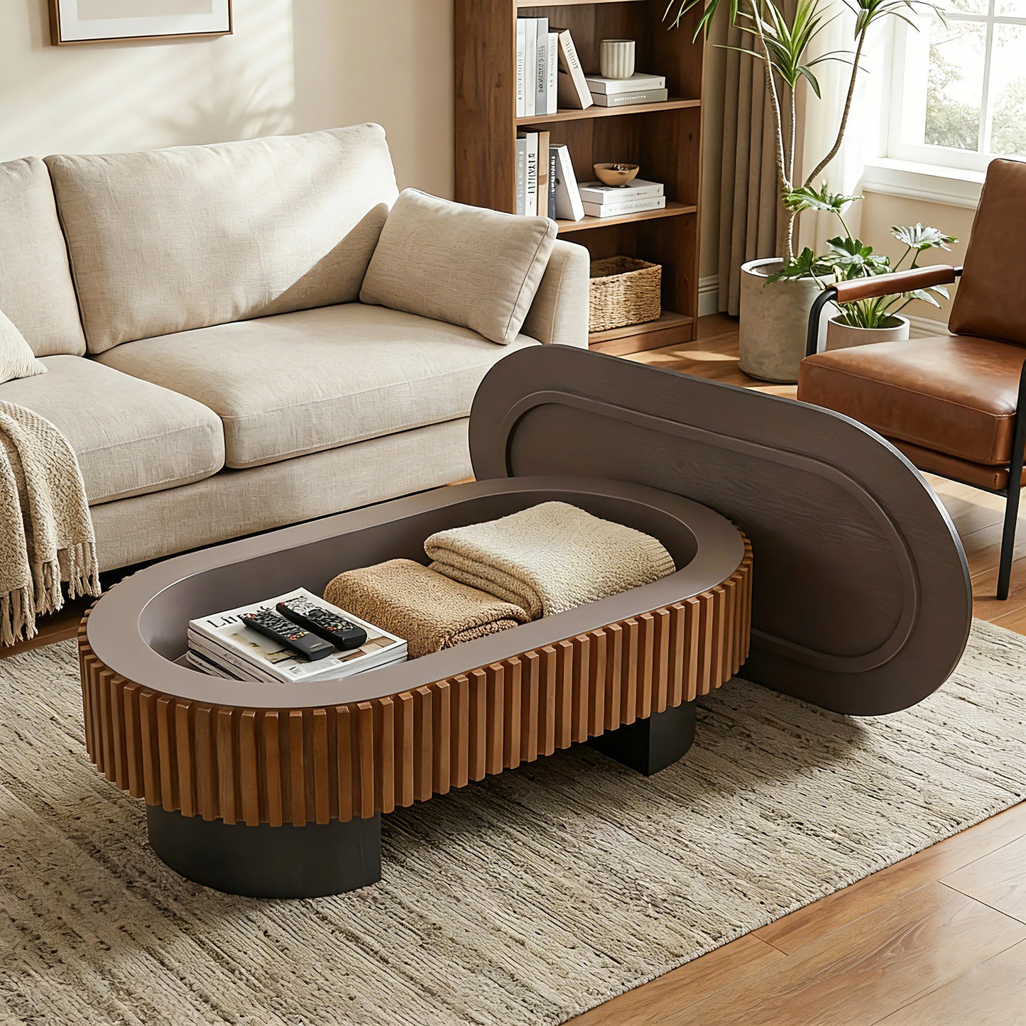 43.7" Oval Coffee Table With Hidden Storage, Fluted Modern Minimalist Wood Coffee Table for Living Room, Oval Center Table, Black + Walnut. image 8