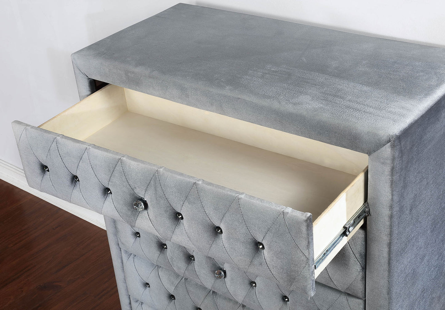 Glam Style 1pc Nightstand Button Tufted Full upholstered Frame Acrylic Buttons Gray Finish Bedroom Furniture image 7