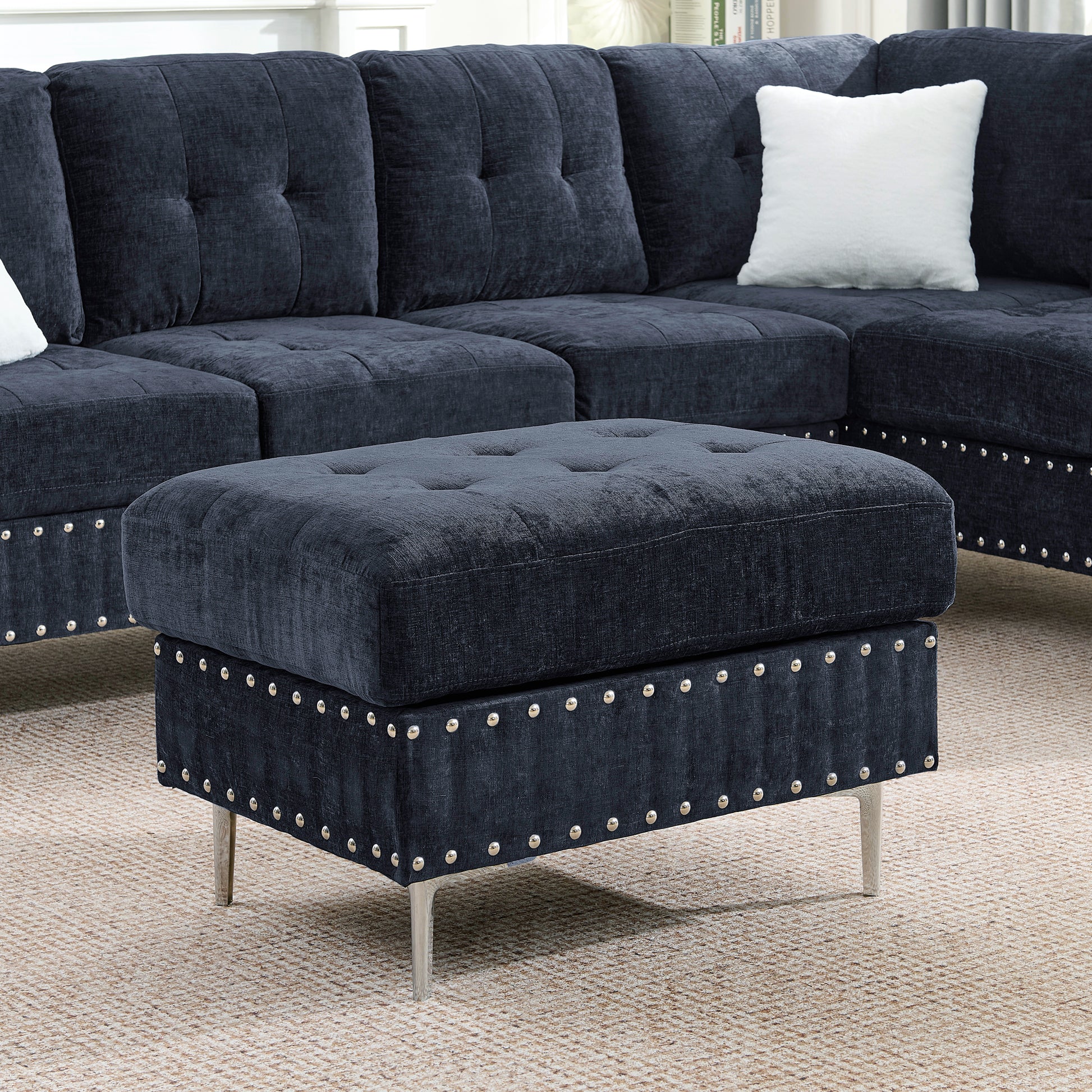 Sectional 3-Seaters Sofa with Chaise, Storage Ottoman, Metal Legs and Copper Nails,Two White Pillows,Navy Bule(102" x 76" x35") image 5