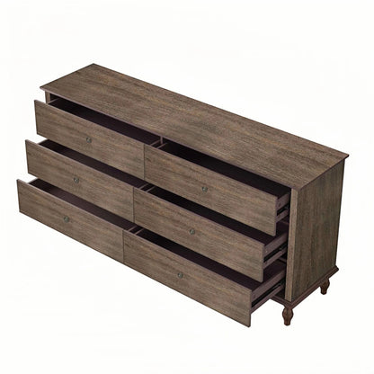 6-Drawer Double Wide Wood Dresser for Bedroom, Deep Brown Burnt Wood Finish Storage Chest with Self-Closing Slides, Metal Copper Handles, Solid Wood Roman Column Legs, Anti-Tip Kit Included image 8