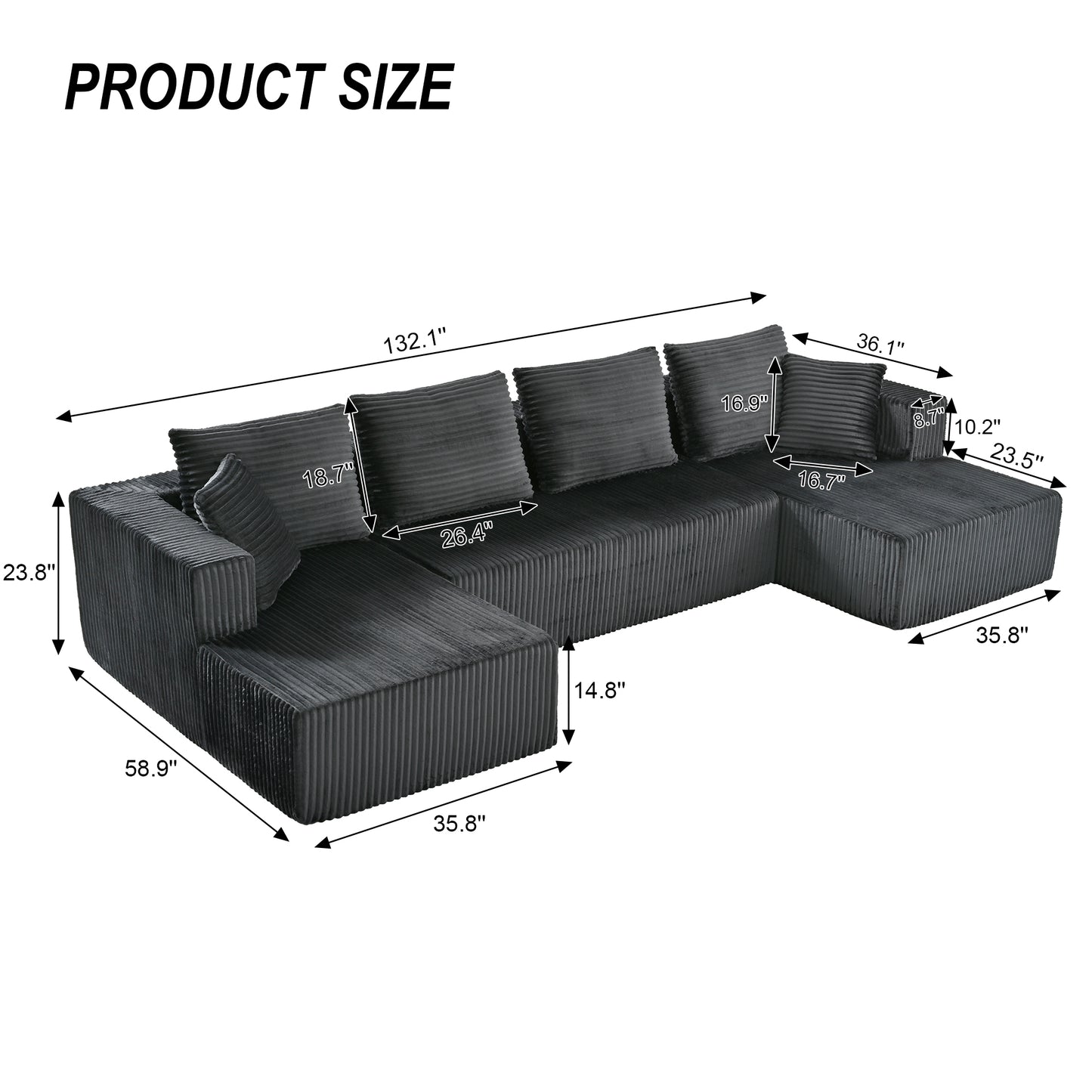 132.1 Inch Modular Sectional Sofa, U-Shaped Corduroy Sofa Couch with Double Chaise, Oversized Deep Seat Cloud Couch for Living Room, Apartment, Gray image 2