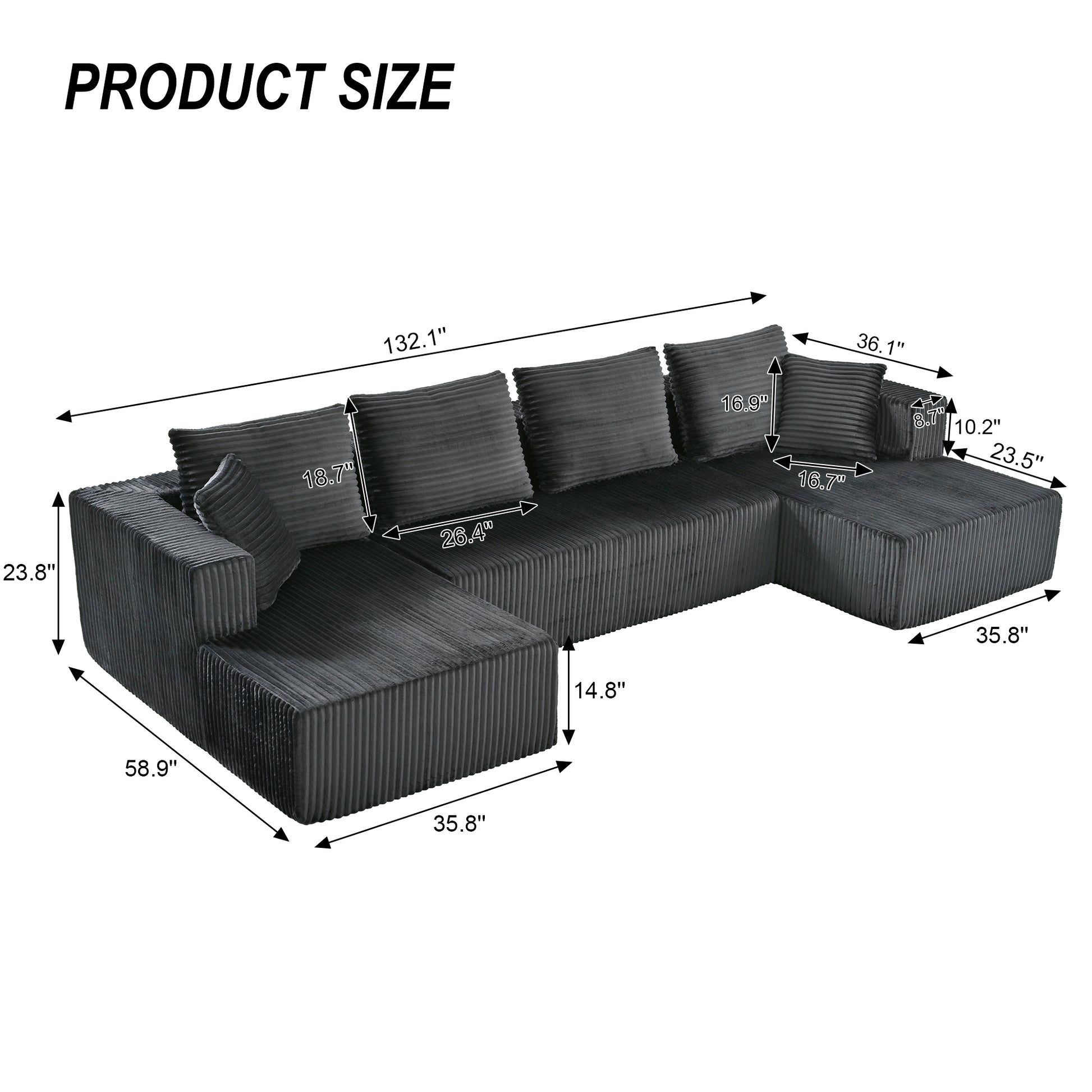 132.1 Inch Modular Sectional Sofa, U-Shaped Corduroy Sofa Couch with Double Chaise, Oversized Deep Seat Cloud Couch for Living Room, Apartment, Gray image 2