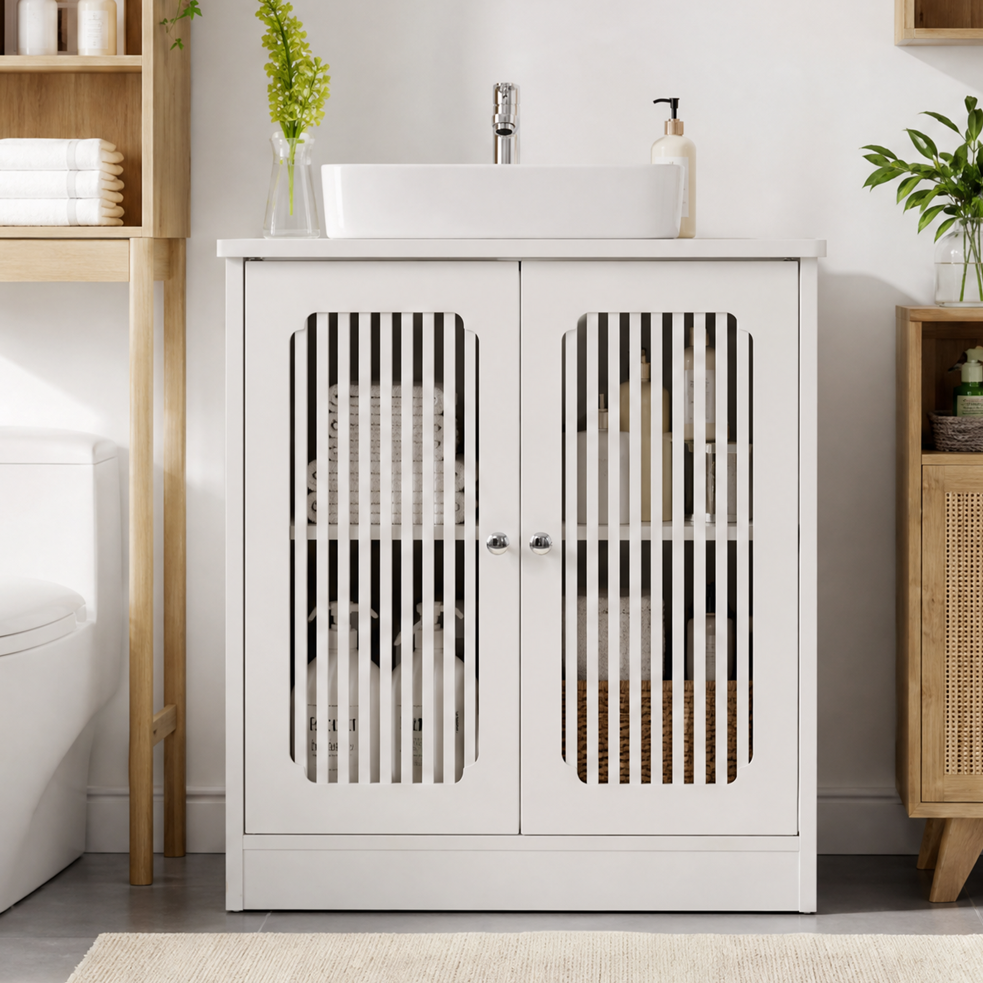 Washbasin cabinet without basin, louvered double-door floor-standing bathroom vanity and storage unit, white bathroom floor-standing storage cabinet. image 10