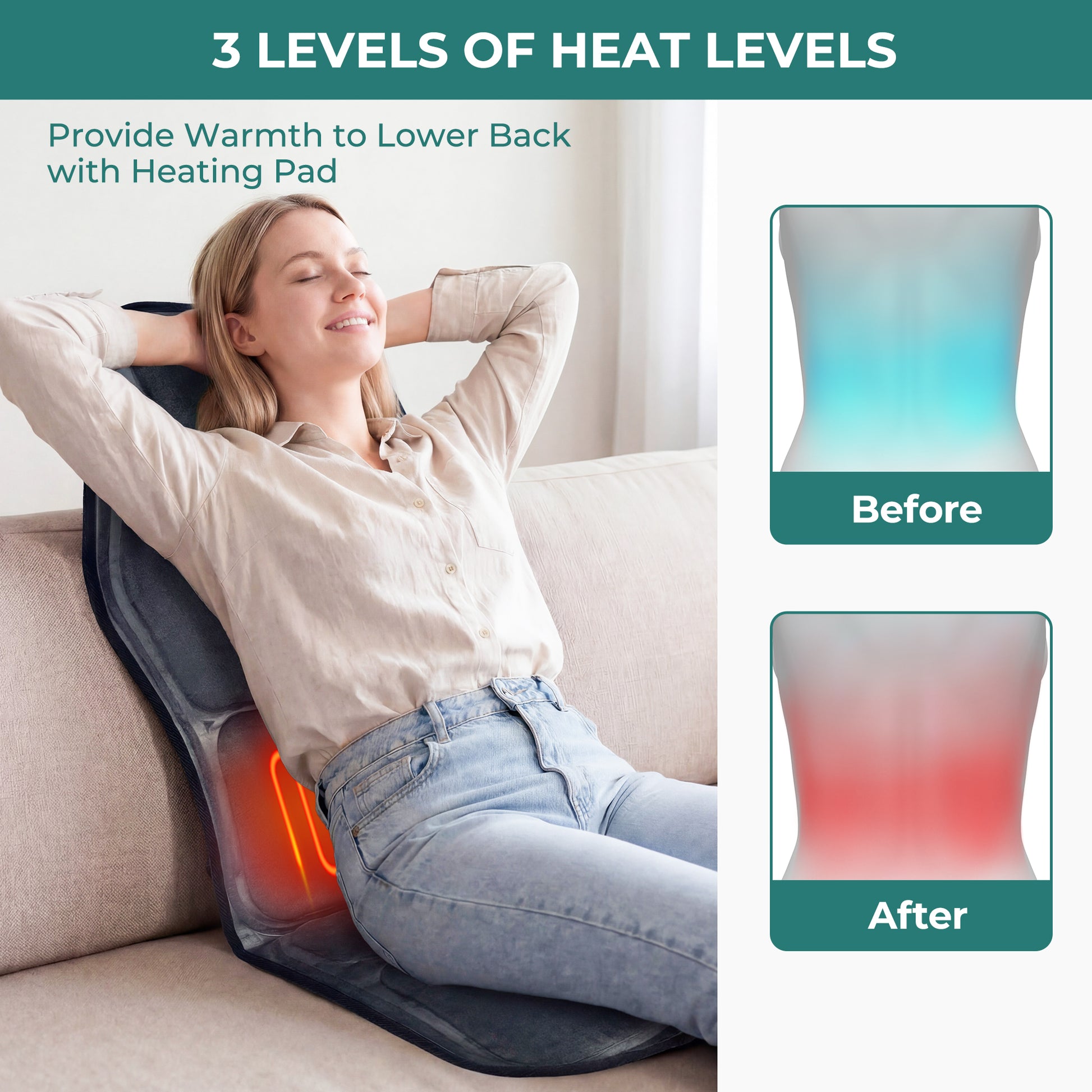 Back Massager with Heat - Massage Seat Cushion with 7 Motors, 3-Level Heat, 9 Modes & 9 Intensities,Massage Chair Pad for Home Office Car Use image 7