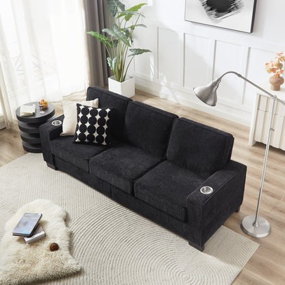 83.86"Corduroy Fabric sofa,Modern Compressed Couch,3-Seater Sofa, Furniture for Living Room,Bedroom,office,Black image 3
