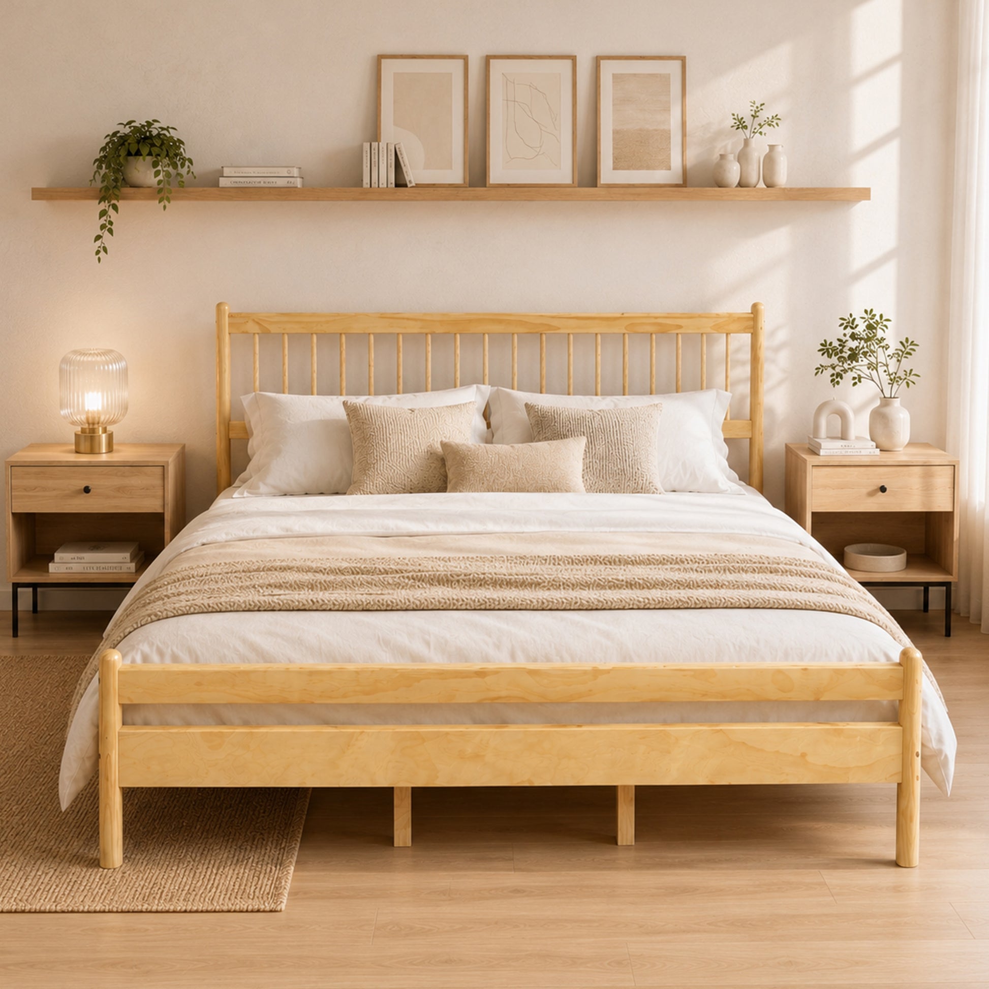 Traditional Style King Size Bed with Headboard and Footboard, Pinewood Bed with Strengthened Bed Frame,Natural image 1