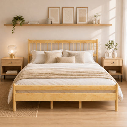 Traditional Style King Size Bed with Headboard and Footboard, Pinewood Bed with Strengthened Bed Frame,Natural image 1