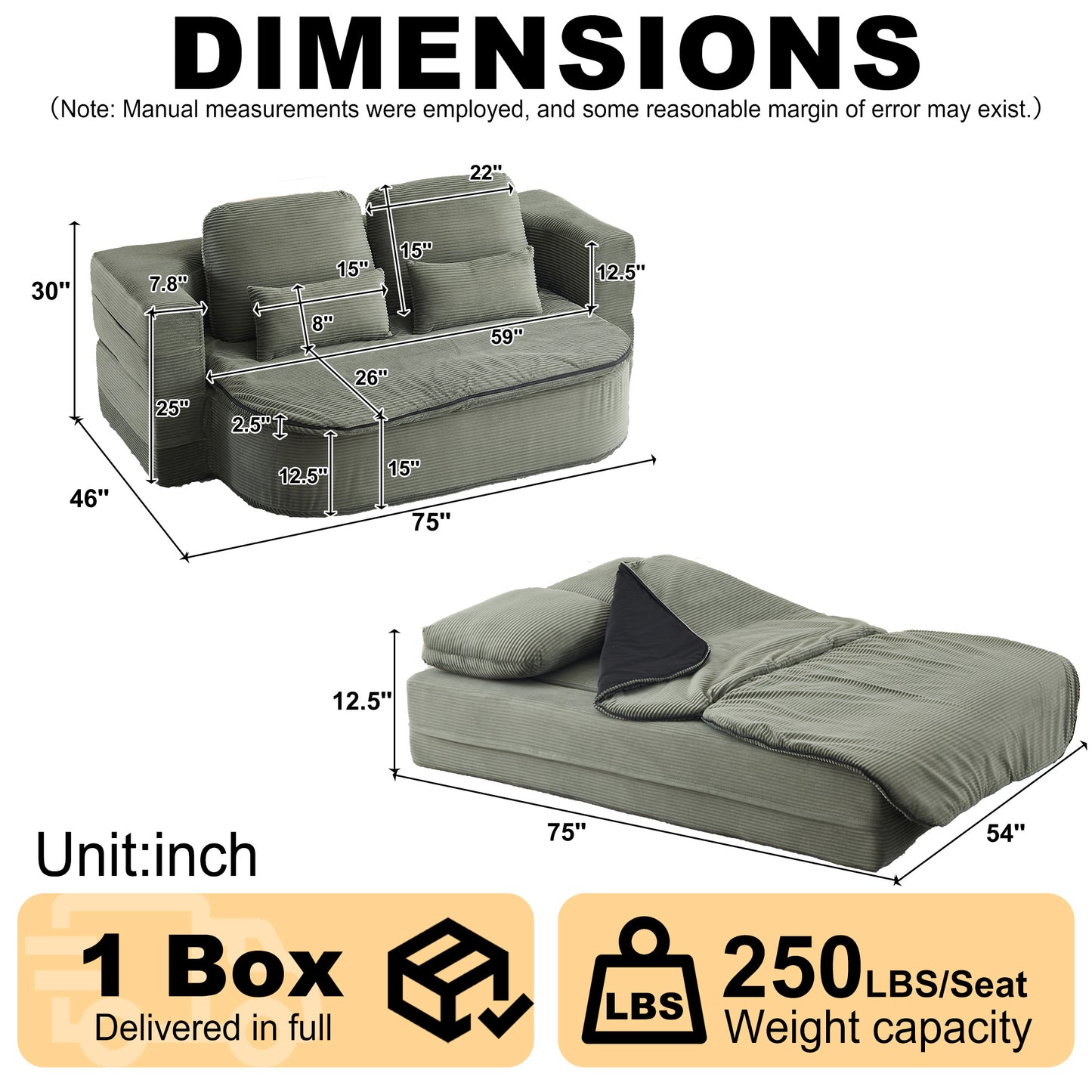 75''2-in-1 Foldable Sofa,Convertible Sleeper Foam Sofa Bed with Multi Functional Blanket, Corduroy Floor folding sofa bed, Floor Sofa Lounge Sofa for Living Room Bedroom Lounge Studio image 3