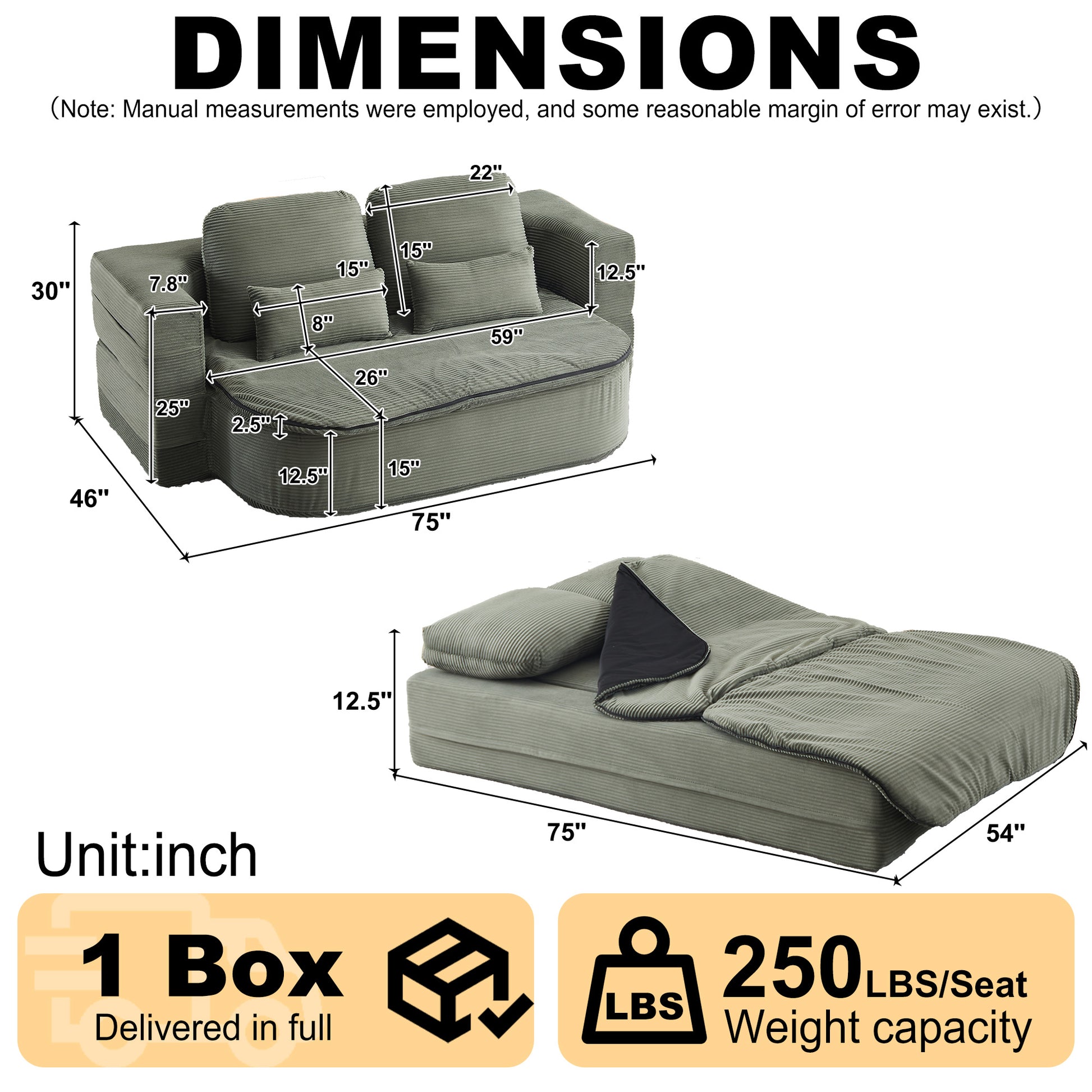 75''2-in-1 Foldable Sofa,Convertible Sleeper Foam Sofa Bed with Multi Functional Blanket, Corduroy Floor folding sofa bed, Floor Sofa Lounge Sofa for Living Room Bedroom Lounge Studio image 3
