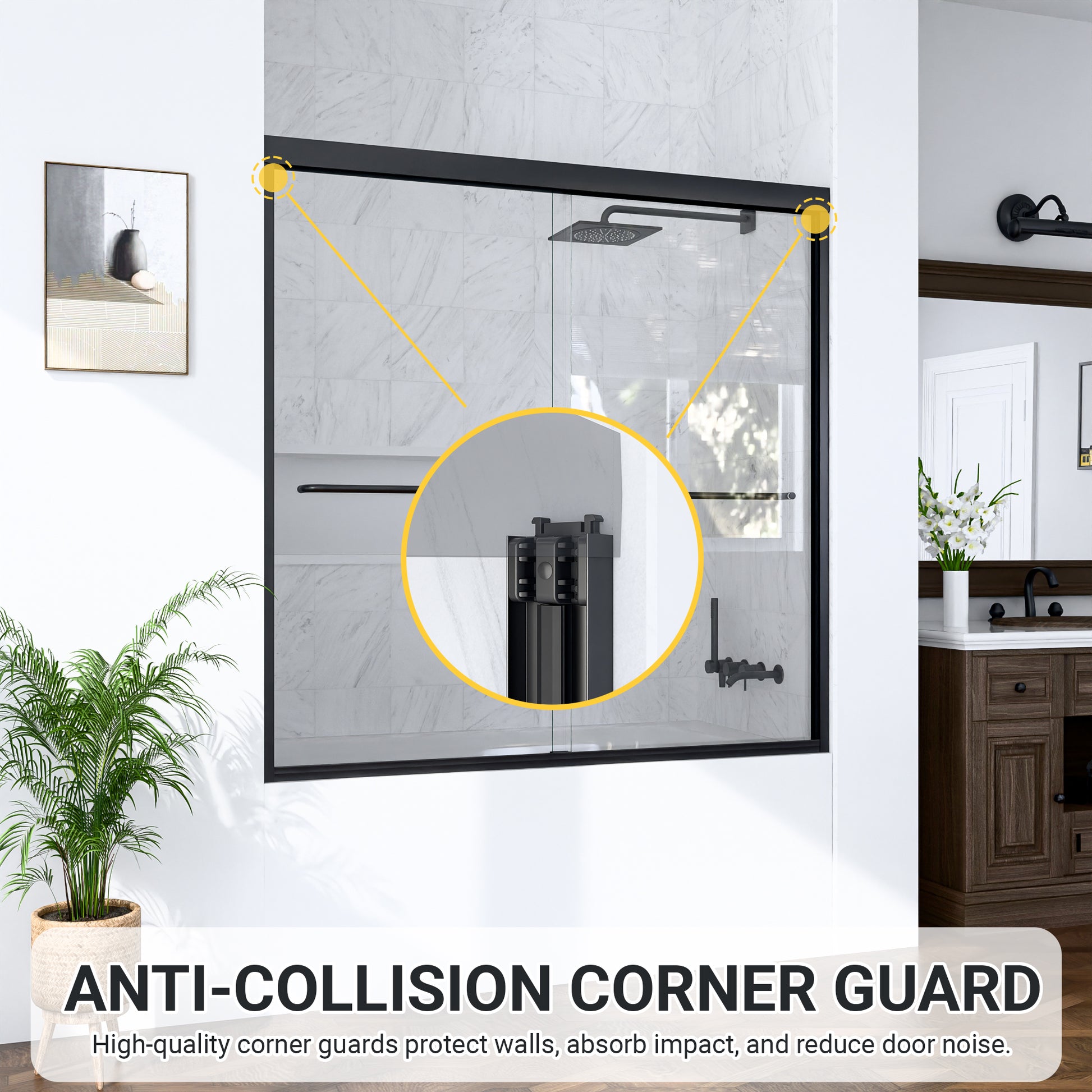 56"-60"W*60" H Semi-Frameless Double Sliding Shower Door, Bypass Shower Door, 1/4" (6mm) Thick SGCC Tempered Glass Door, Matte Black image 10