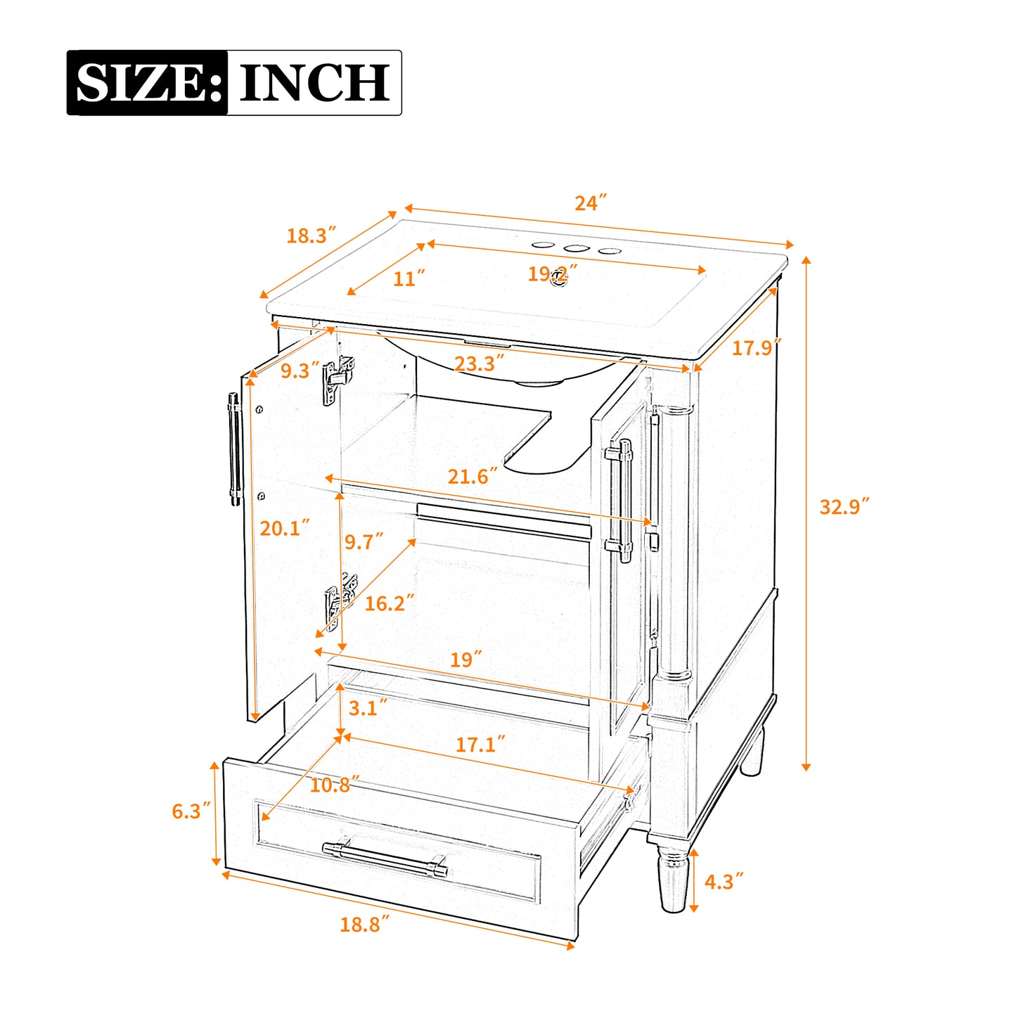 24" Modern Bathroom Vanity with Ornate Motif Design & Soft-Close Hinges, Bathroom Cabinet with Drawer and Back Open Structure, Ornately Carved French Cylinder Legs image 8