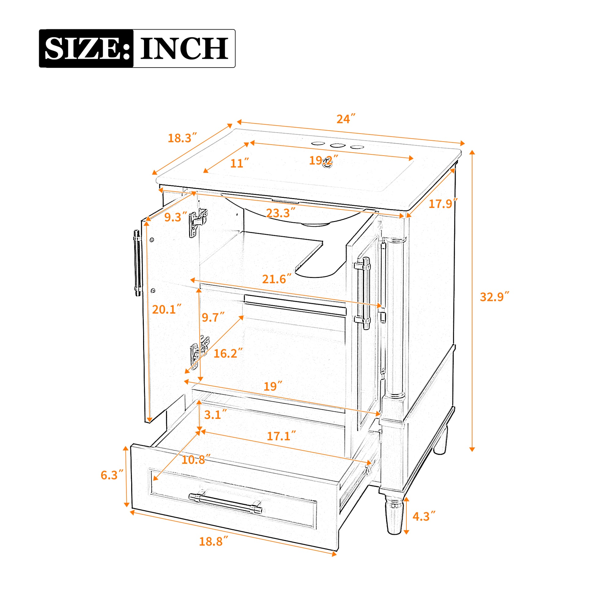 24" Modern Bathroom Vanity with Ornate Motif Design & Soft-Close Hinges, Bathroom Cabinet with Drawer and Back Open Structure, Ornately Carved French Cylinder Legs image 8