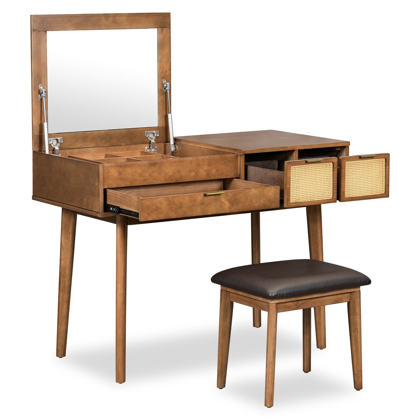 43.3" Classic Wood Makeup Vanity Set with Flip-top Mirror and Stool, Dressing Table with Three Drawers and storage space, Brown image 9