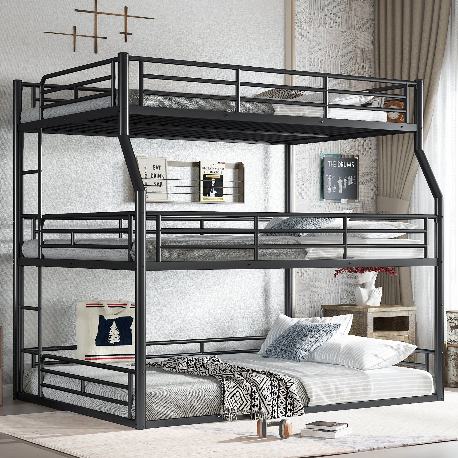 Full XL over Queen over Queen Bunk Bed, Metal Triple Bunk Bed with Safety Guardrails, Heavy-duty Bunk Bed with Noise-reduced Design, Black image 1