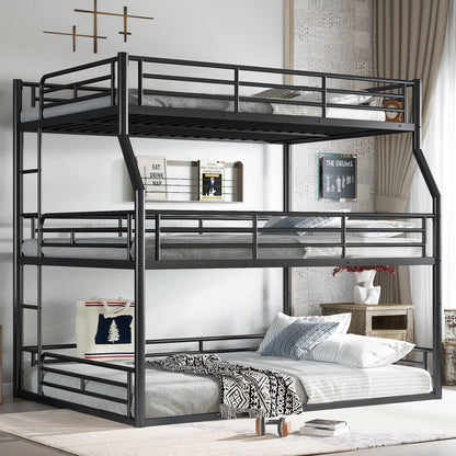Full XL over Queen over Queen Bunk Bed, Metal Triple Bunk Bed with Safety Guardrails, Heavy-duty Bunk Bed with Noise-reduced Design, Black image 1