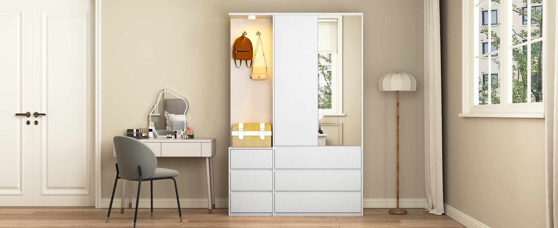 Wardrobe Closet 71.7" H, Bedroom Wooden Wardrobe with 2 Doors 6 Drawers, Modern Clothing Storage Cabinet Combination with Storage Shelves and Hanging Rail, White image 5
