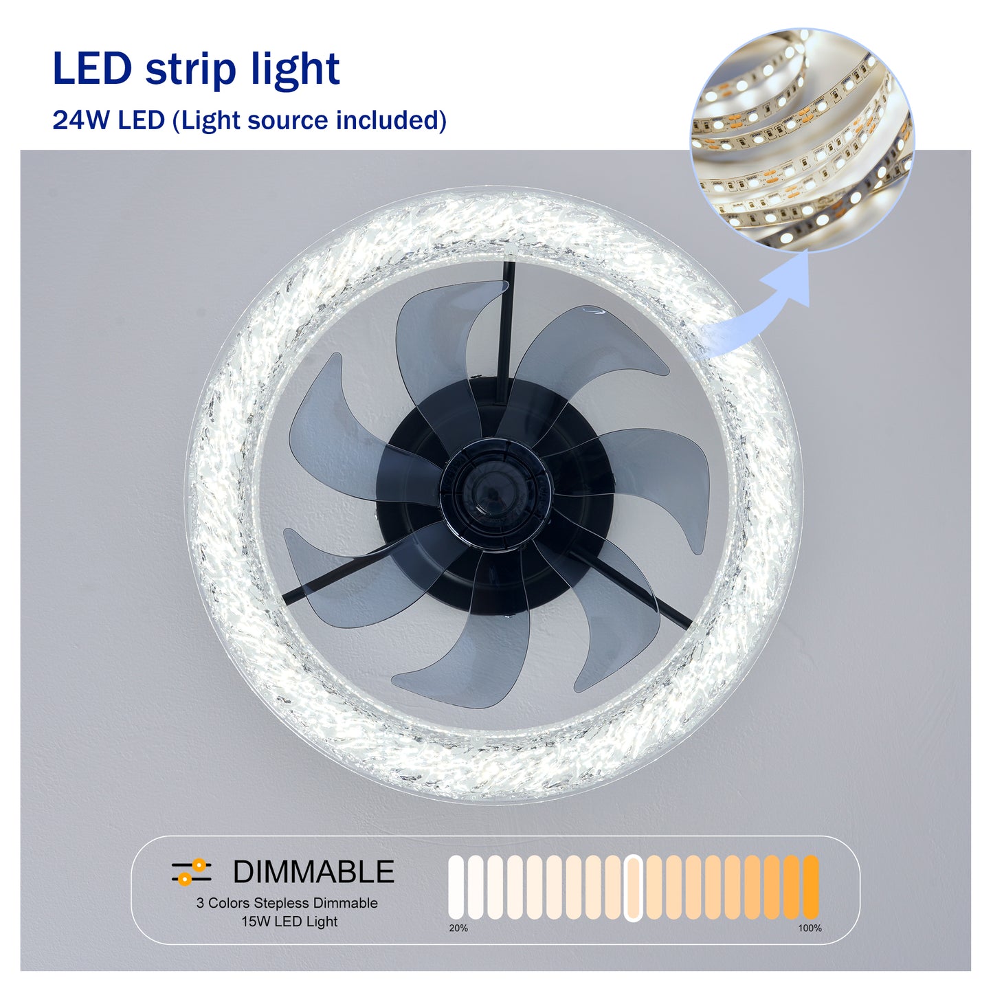 Acrylic Ice Brick Fan Light,LED Light Source and Remote Control, 3000-6500K Dimmable Modern Flush Mount LED Fan Light, 6 Speeds, Quiet DC Motor For Living room, Bedroom,Kitchen----Matte Black image 12