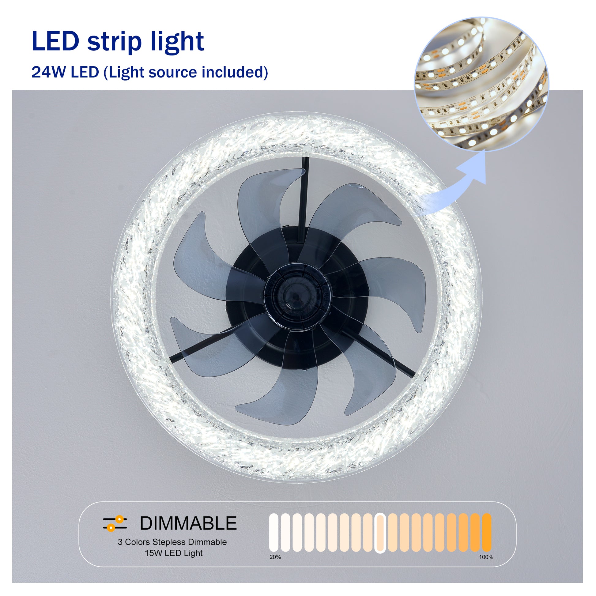Acrylic Ice Brick Fan Light,LED Light Source and Remote Control, 3000-6500K Dimmable Modern Flush Mount LED Fan Light, 6 Speeds, Quiet DC Motor For Living room, Bedroom,Kitchen----Matte Black image 12
