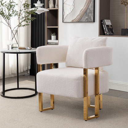 TS Modern decorative chair, living room side chair with gold metal legs, no wheels, suitable for dressing area, reception room, office,Teddy fleece upholstered metal foot sofas 2PCS White image 3