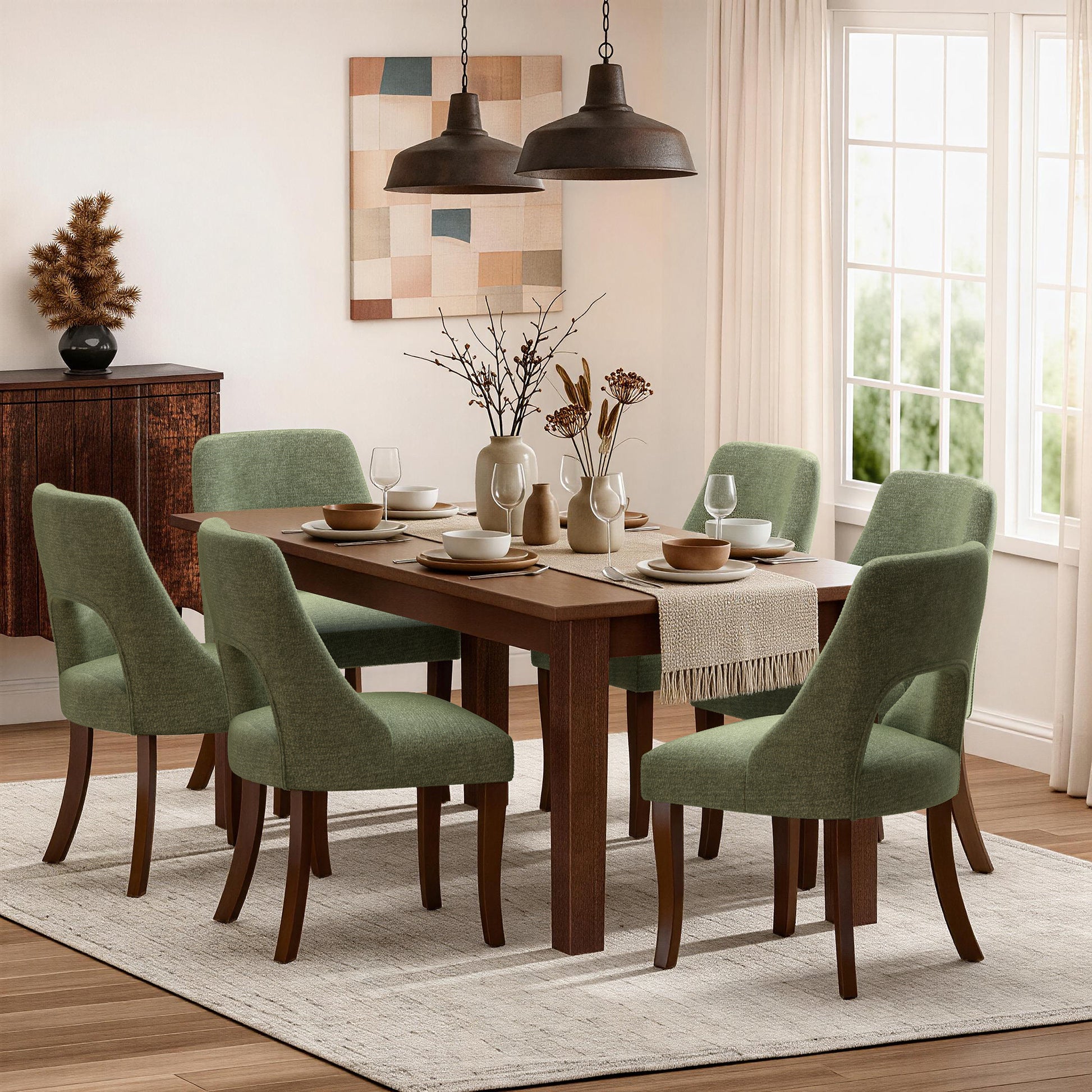Dining Chair Set of 2,Upholstered Chenille Fabric Dining Chair Curved Solid Wood Legs, Elegant Tufted Club Dining Room Kitchen Room Dining Chair,Green image 3