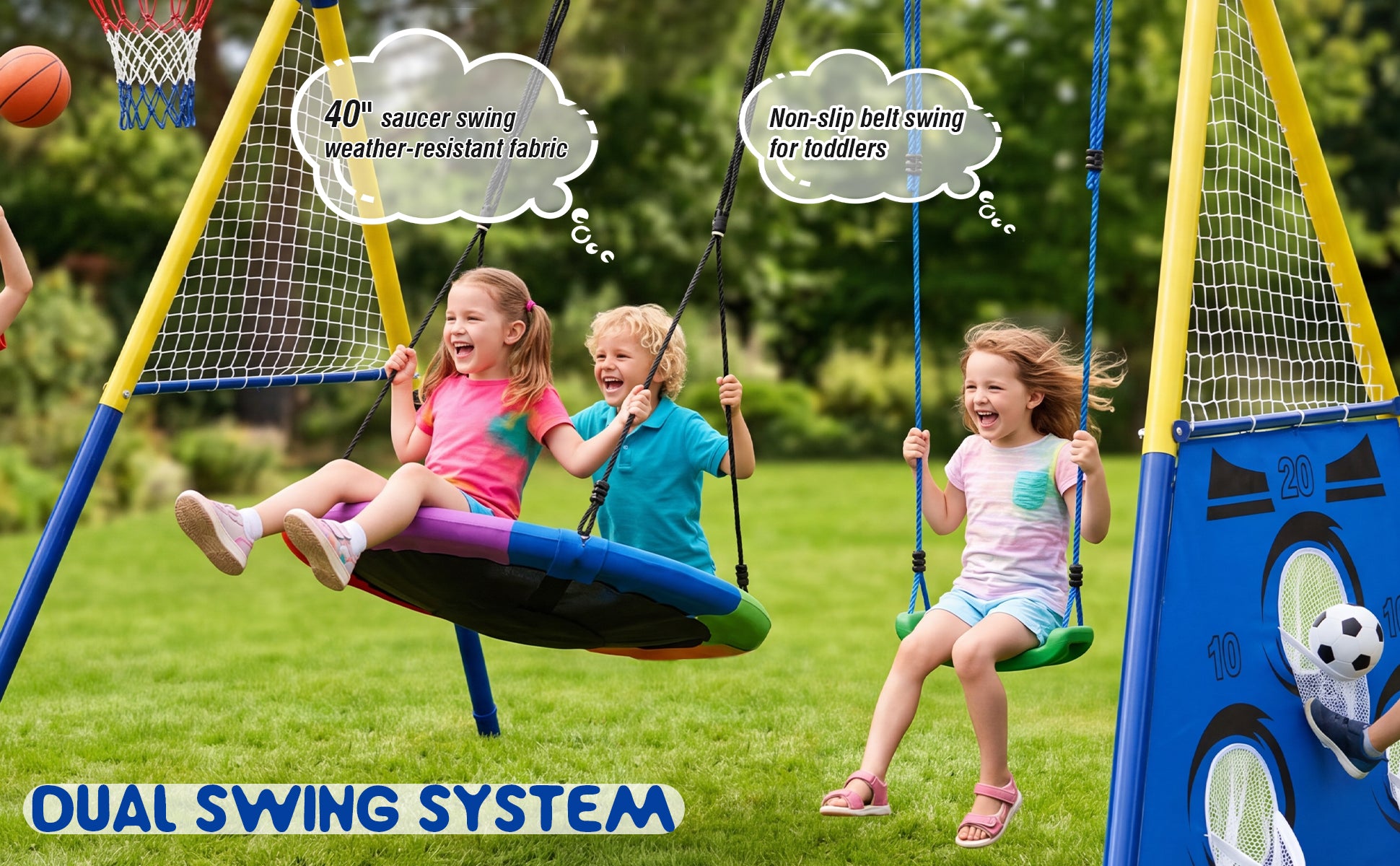 5-in-1 Kids Swing Set with Saucer Swing, Belt Swing, Basketball Hoop & Soccer Goal, Heavy Duty Metal Frame Backyard Playground for Toddlers & Kids Ages 3-10 image 4