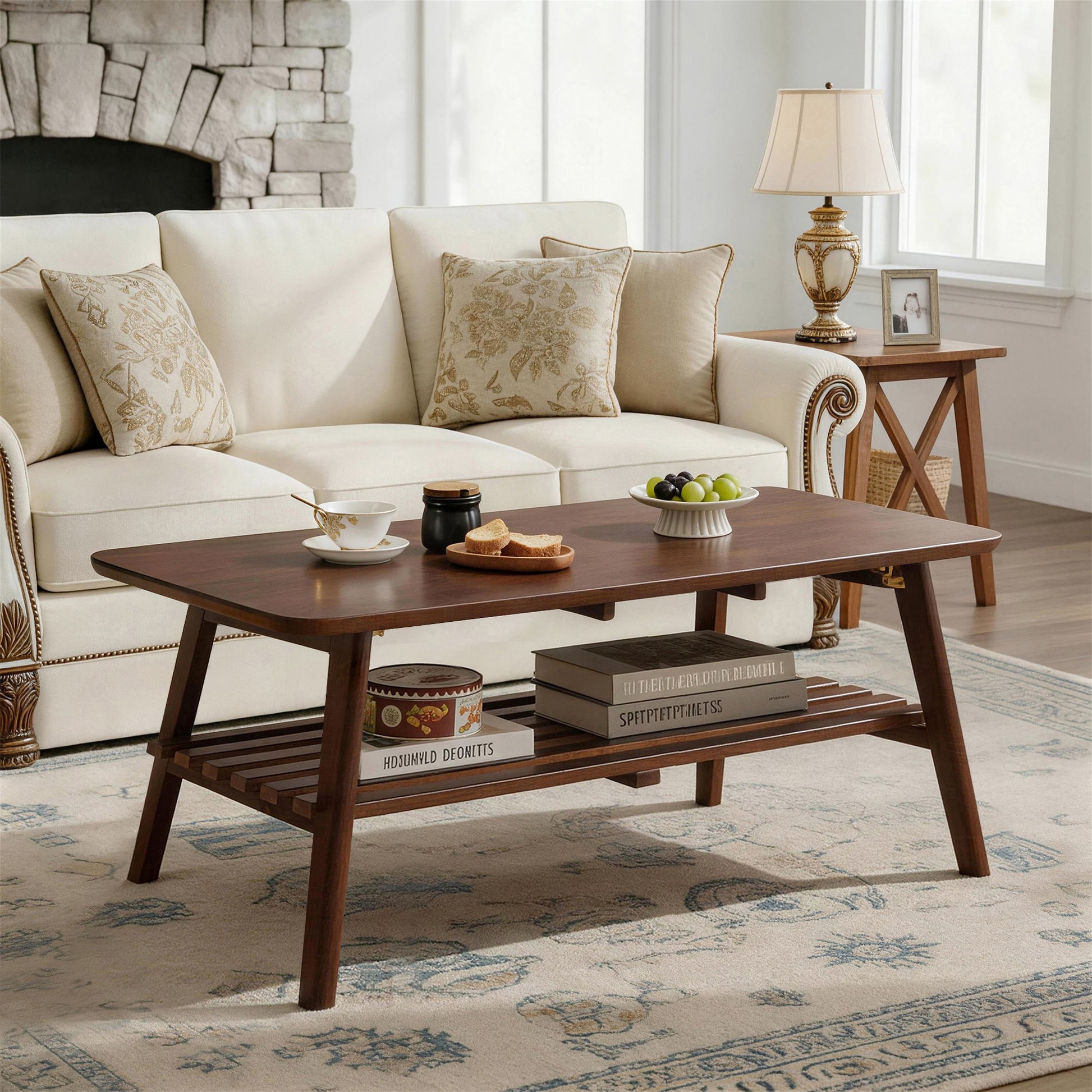 Wooden Coffee Table with Storage Shelf, Mid-Century Rectangular Center Table for Living Room,Walnut Brown image 1