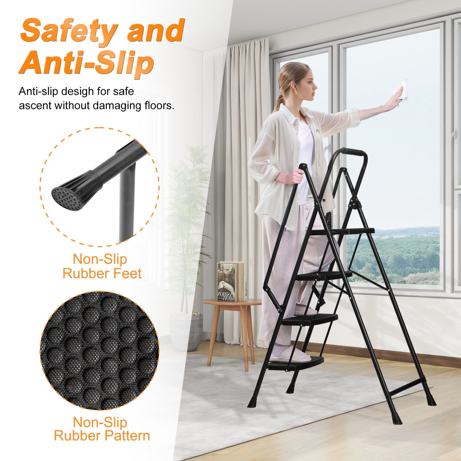 Four step ladder, lightweight folding four step stool, wide anti slip pedal and safety handle, sturdy steel ladder, multi-purpose step ladder, suitable for home, kitchen, and office elevators image 8