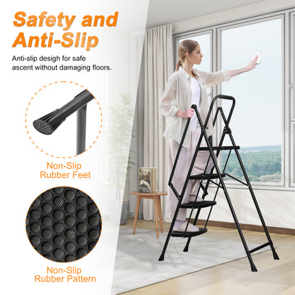 Four step ladder, lightweight folding four step stool, wide anti slip pedal and safety handle, sturdy steel ladder, multi-purpose step ladder, suitable for home, kitchen, and office elevators image 8