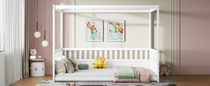Full Size Canopy Bed Frame with Guardrails for Kids,Floor Bed Full with Four Poster Design,Kids Montessori Floor Bed,Wood Canopy Bed Frame for Girls,Boys(Full,White) image 5