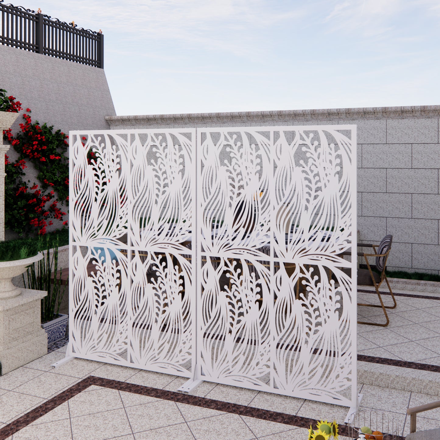 Metal Privacy Screens W3.8Ft X H6Ft Outdoor and Indoor Divider with Free Standing Decorative Privacy Screen for Balcony Patio Garden Room Divider, White Leaf Shape image 2