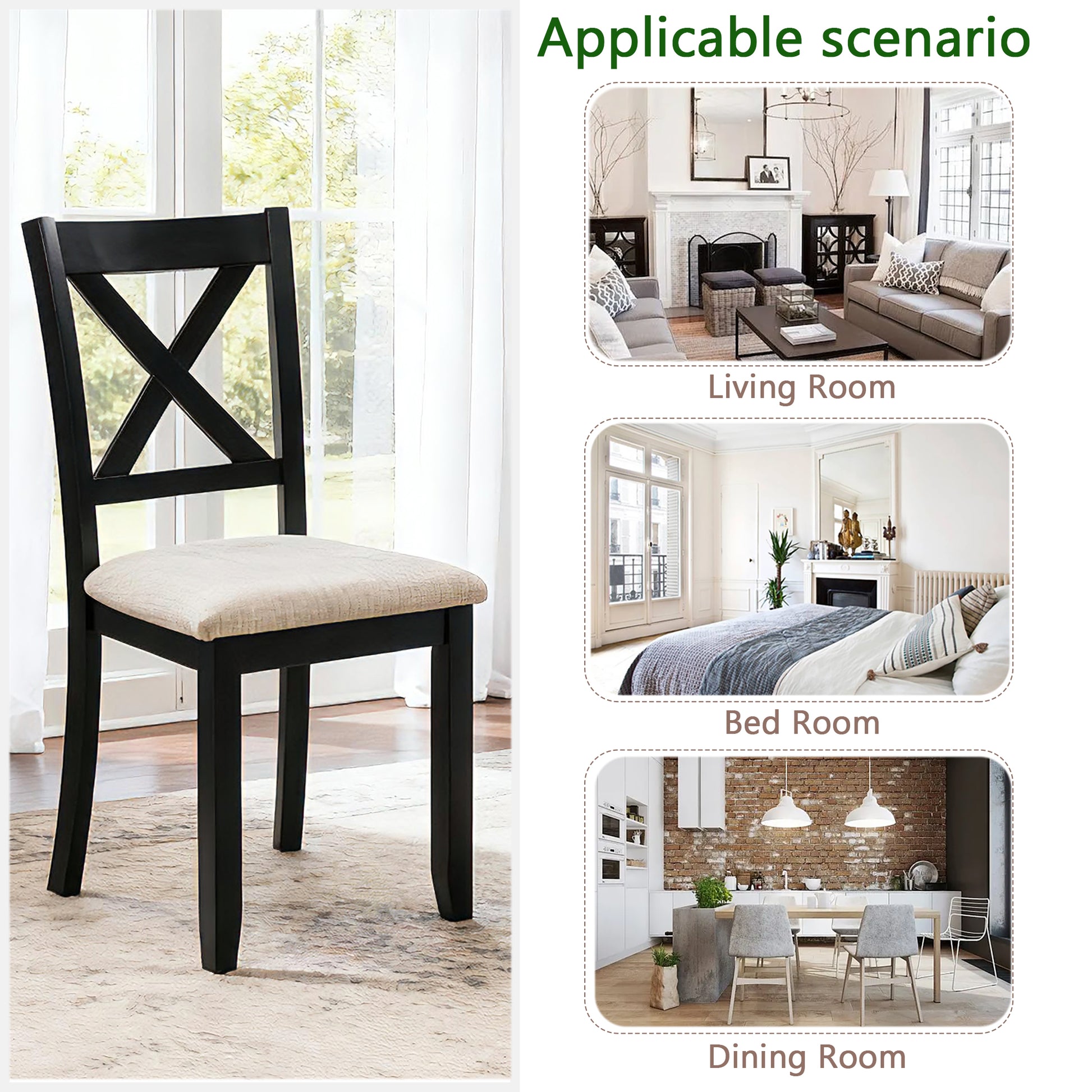 Dining Chairs Only, Wooden Dining Chairs Set of 4, Kitchen Chair with Padded Seat, Upholstered Side Chair for Dining Room, Living Room, Kitchen, Black & Beige two tone image 5