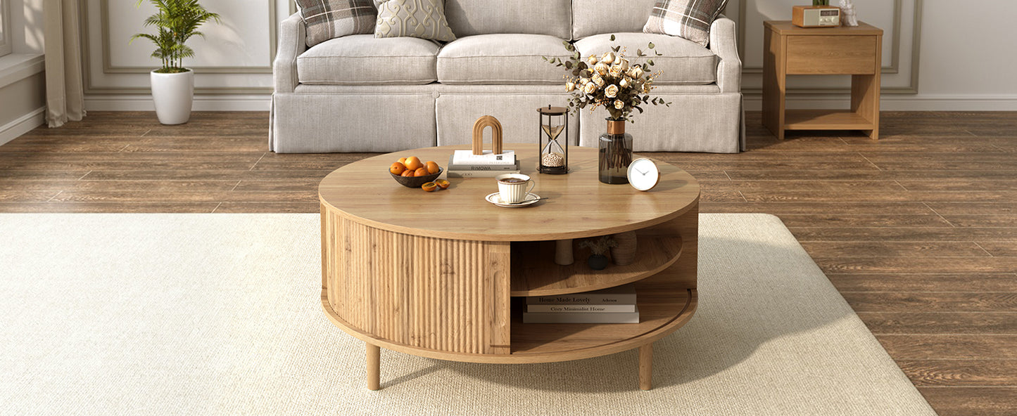 U-Can Minimalist Round Lift-Top Coffee Table with Hidden Storage, Sliding Door, Pine Legs, and Wood Wave Finish image 5