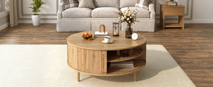 U-Can Minimalist Round Lift-Top Coffee Table with Hidden Storage, Sliding Door, Pine Legs, and Wood Wave Finish image 5